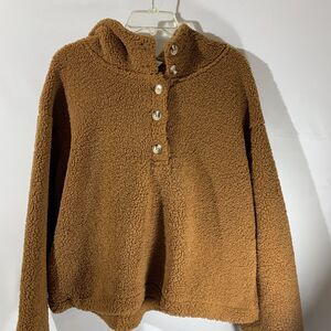 Camel Teddy Hoodie Two Pocket Sweater Womens Size Large Sherpa Jacket